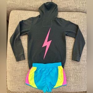 Aviator Nation Charcoal Neon Pink Bolt Zip Hoodie (K-14) & Nylon Neon Shorts XS